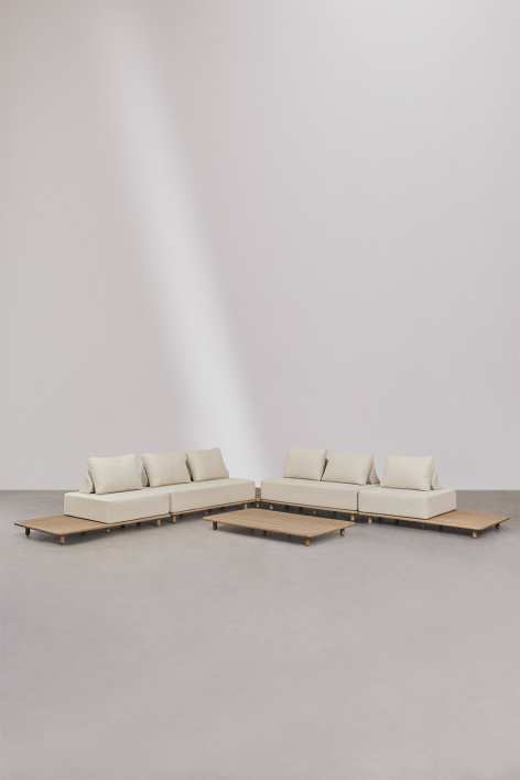 Woonkamerset met een modulaire hoekbank met 4-delige set, een bijzettafel en een salontafel, 160 x 95 cm, in Portet acacia.