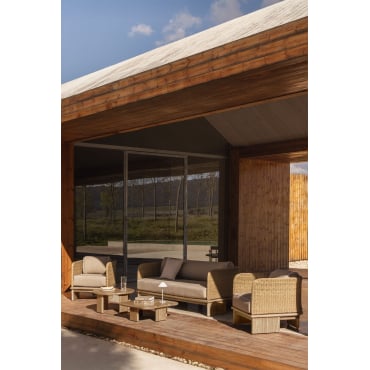 Tuinset Met 3-zitsbank, 2 Fauteuils En 2 Salontafels In Rotan En Acaciahout Famara Lichte Acaciekleur - Sklum