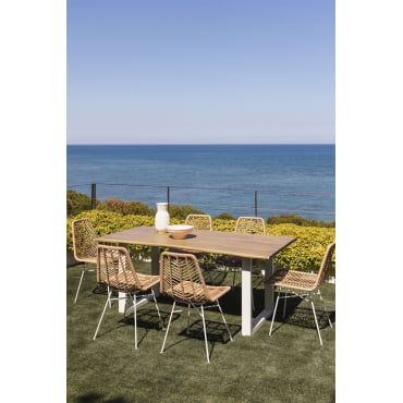 Rechthoekige Tafelset 180x90 Cm In Acaciahout En Maupi Staal En 6 Tuinstoelen In Gouda Natural Synthetisch Rotan Gardenia Wit & Geen Kussen - Sklum