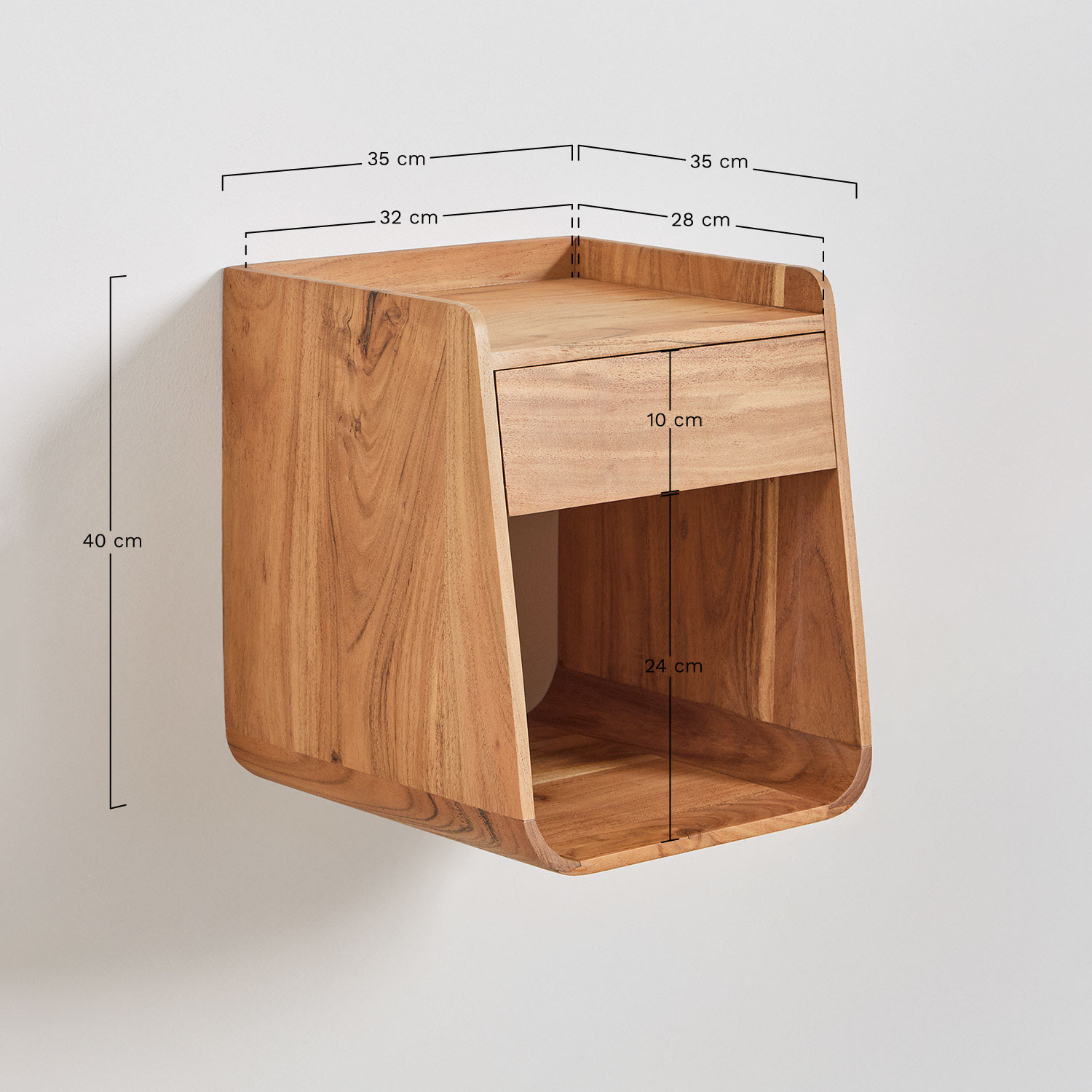 Nachtkastje 35x35 cm in Berigem acaciahout, AFMETINGEN