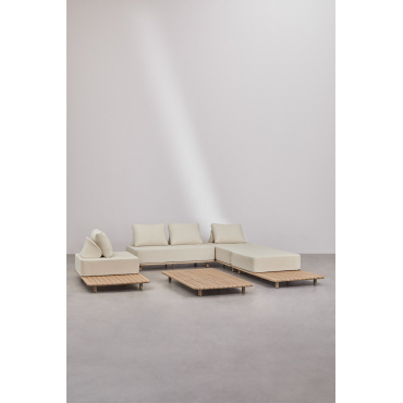 Woonkamerset Met 3-delige Modulaire Bank, Chaise Longue, Bijzettafel, Fauteuil En Salontafel 160x95 Cm In Portet Acacia Gardenia Wit - Sklum