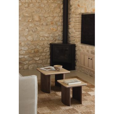 Set Van 2 Vierkante Bijzettafels In Travertijn En Acaciahout Casilda Travertine - Sklum