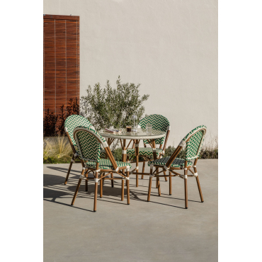 Set Ronde Tafel Ø80 Cm En 4 Stapelbare Tuinstoelen In Aluminium En Kunststof Rotan Brielle Bistro Groen – Kool - Gardenia Wit - Sklum