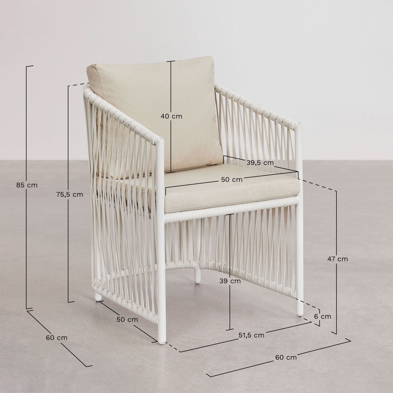 Rechthoekige tafelset 240x100 cm in Chelsea cement en 8 tuinstoelen in aluminium en Sophie gevlochten touw, AFMETINGEN