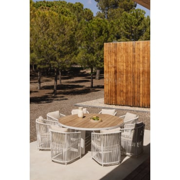 Ronde Tafelset Riviera, Ø180 Cm, In Teakhout En Aluminium, En 8 Sophie Tuinstoelen In Aluminium En Gevlochten Touw. Gardenia Wit - Sklum