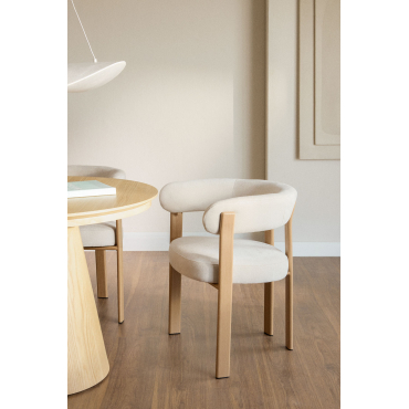 Set Van 2 Eetkamerstoelen Met Armleuningen In Chenille Stof Jolie Bruin – Natuurlijk Hout & Stof Chenille Beige – Crème - Sklum