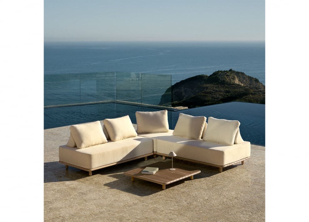 Tuinset met modulaire hoekbank van 3 delen en salontafel 95x95 cm in acaciahout Portet
