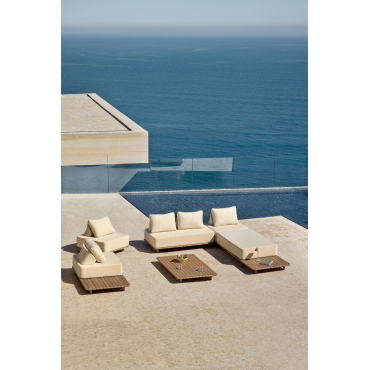 Tuinset Met 3-delige Modulaire Chaise Longuebank, Bijzettafel, 2 Fauteuils En Salontafel 160x95 Cm In Portet Acacia Gardenia Wit - Sklum