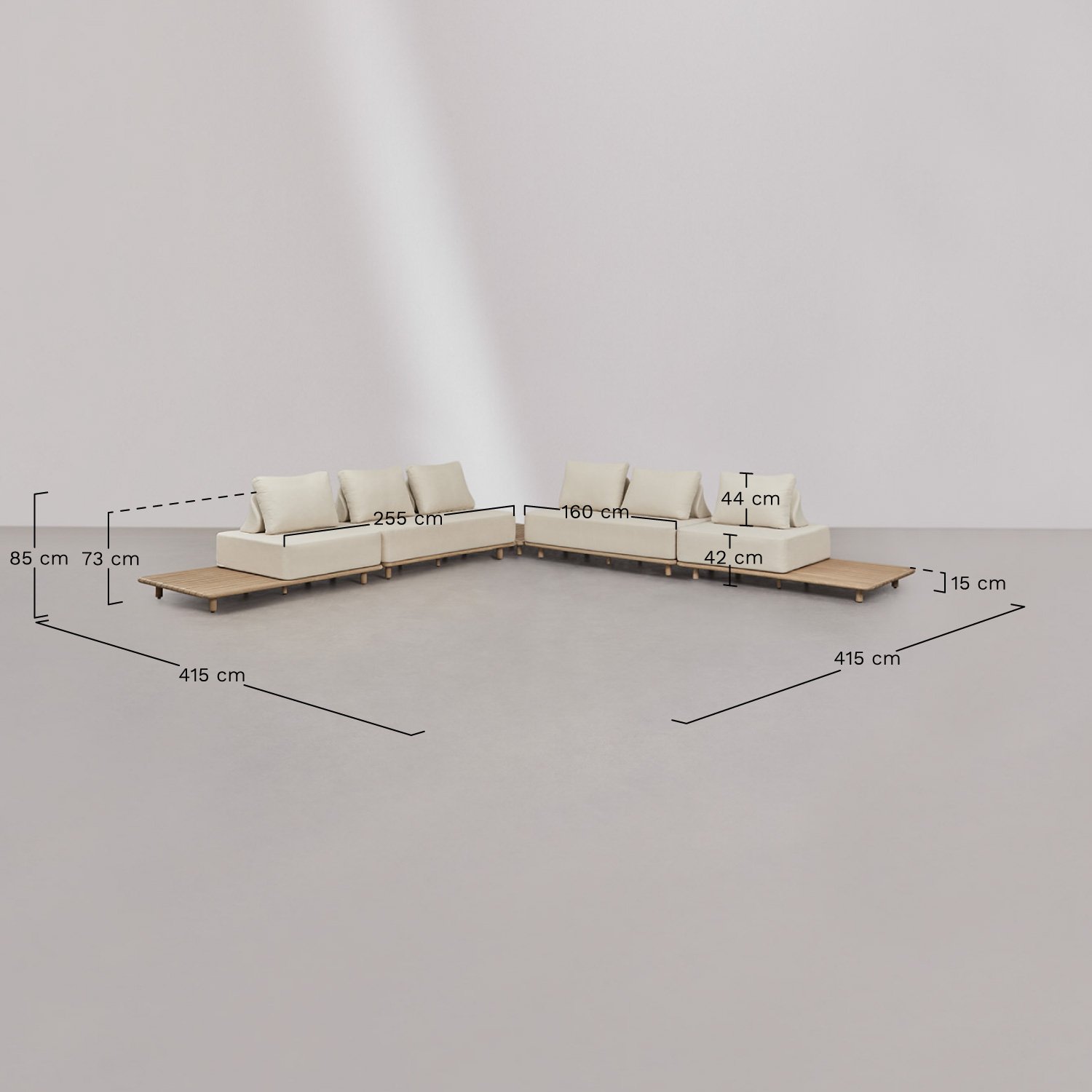 Tuinset met modulaire hoekbank van 4 delen met bijzettafel in acacia Portet, AFMETINGEN