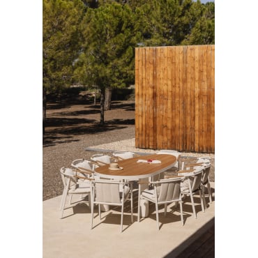 Taneli Ovale Tafelset, 260x110 Cm, Gemaakt Van Aluminium En Teakhout, En 10 Yervin Tuinstoelen, Gemaakt Van Aluminium En Bouclé Teakhout - Sklum