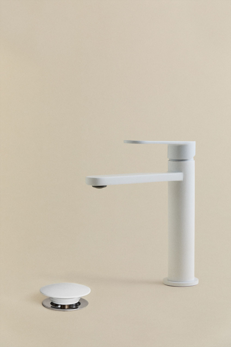 Alameda wastafelkraanset van messing en Orveta Click-Clack wastafelafvoer van roestvrij staal en messing.