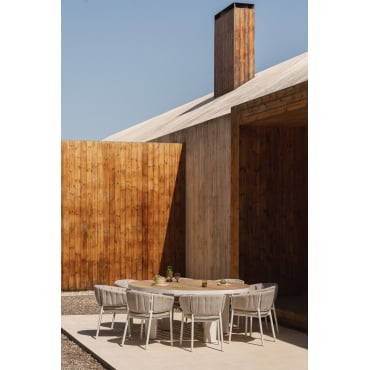 Ronde Tafelset Riviera, Ø180 Cm, In Teakhout En Aluminium, En 8 Tuinstoelen In Aluminium En Roderise-stof Teakhout - Sklum