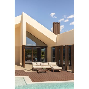 Giulia-tuinset Met Een Modulaire 3-delige Bank, Salontafel En Poef Van Acaciahout. Beige – Crème - Sklum