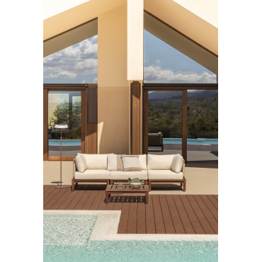 Tuinset Met Modulaire 3-delige Bank Met 2 Hoekfauteuils En Salontafel In Acacia Giulia Beige – Crème - Sklum