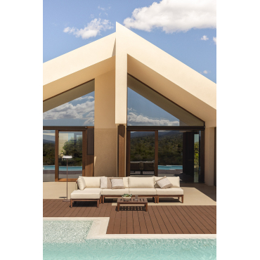 Tuinset Met Modulaire Hoekbank Van 4 Delen, Salontafel En Poef In Acacia Giulia Beige – Crème - Sklum
