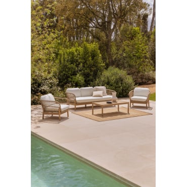 Karvia Tuinset Met 3-zitsbank, 2 Fauteuils En Salontafel In Aluminium En Acaciahout Stof Gardenia Wit - Sklum