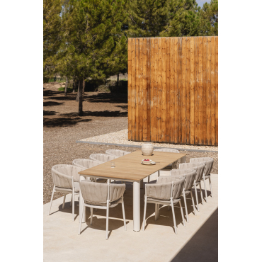 Rechthoekige Tafelset 220x100 Cm In Aluminium En Teakhout Sirka En 10 Tuinstoelen In Aluminium En Roderise Stof Licht Teakhout - Sklum