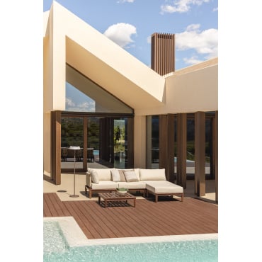 Tuinset Met Modulaire Hoekbank Van 3 Delen, Salontafel En Poef In Acacia Giulia Beige – Crème - Sklum