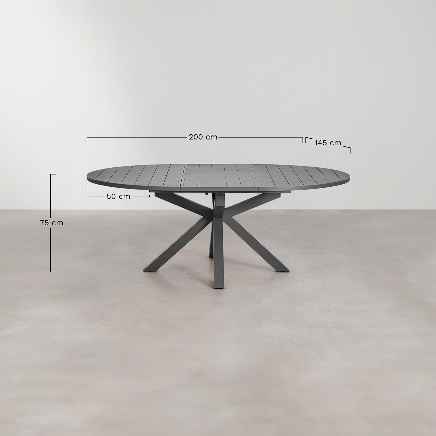 Barces uitschuifbare ronde tafelset, 145-200x145 cm, gemaakt van aluminium en 8 Ivor stapelbare tuinstoelen met armleuningen., AFMETINGEN