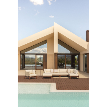 Tuinset Met Modulaire Hoekbank Van 5 Stuks Met Poef En Fauteuil In Acacia Giulia Beige – Crème - Sklum