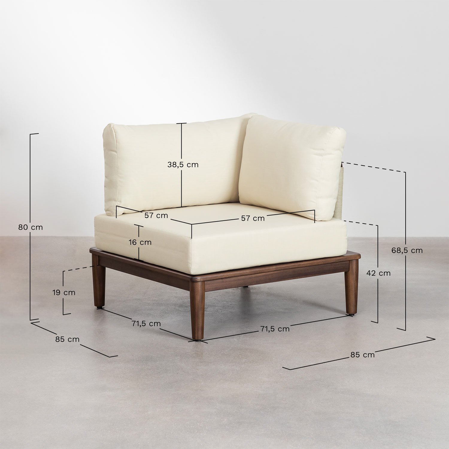 Hoekfauteuil van acaciahout Giulia, AFMETINGEN