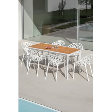 Archer Classic Rechthoekige Tafelset Van Hout En Aluminium (160x90 Cm) En 6 Ores Stapelbare Tuinstoelen Gardenia Wit - Sklum