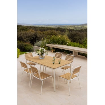 Artus Rechthoekige Tafelset 160x90 Cm En 6 Stapelbare Tuinstoelen In Staal En Acaciahout Gardenia Wit - Sklum