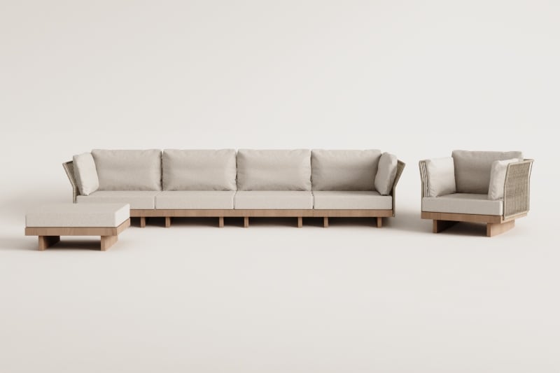 Tuinset met modulaire 4-delige bank met 2 hoekfauteuils, fauteuil en poef van acaciahout Dailin