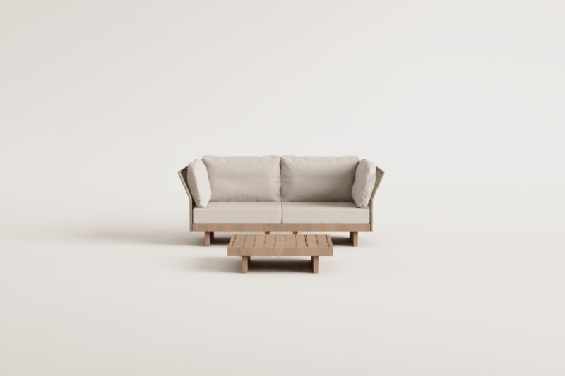 Tuinset met modulaire 2-delige bank met 2 hoekfauteuils en salontafel van acaciahout Dailin