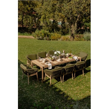 Set Van Rechthoekige Tafel 220x100 Cm En 8 Tuinstoelen In Acaciahout En Karvia Gevlochten Touw Bouclé Groen – Salie - Sklum