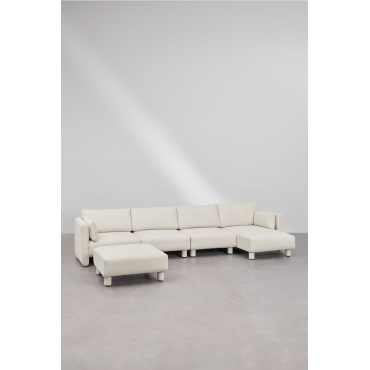 4-delige Chaise Longue Modulaire Bank En Poef Rechts, In Artemisa Bouclé Stof Crèmebeige Boucléstof - Sklum