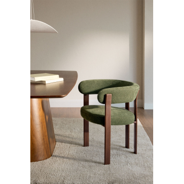 Pack Van 4 Eetkamerstoelen Met Armleuningen In Chenille Stof Jolie Bruin – Donker Hout & Stof Chenille Groen – Salie - Sklum