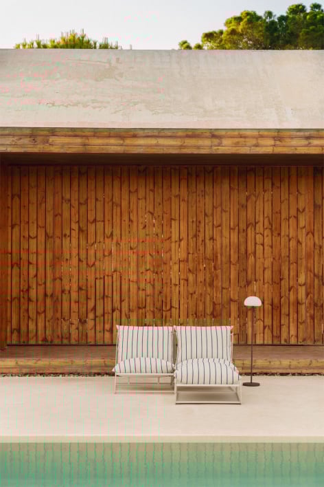 2-delige modulaire tuinbank en omvormbare poef Amaro - Tapioca beige - Marine blauw