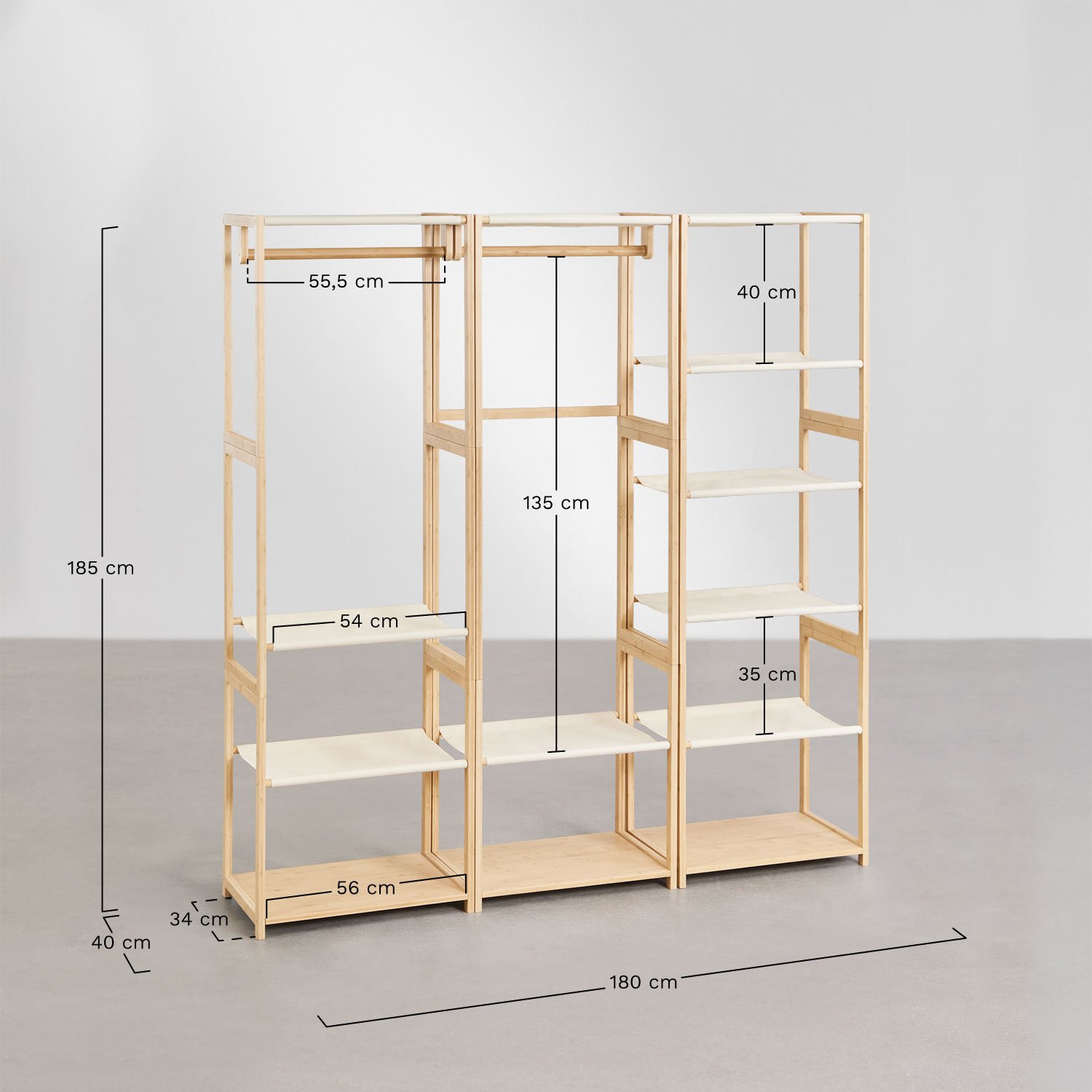 Deneb 3-delige open modulaire kledingkast met bamboe planken, AFMETINGEN
