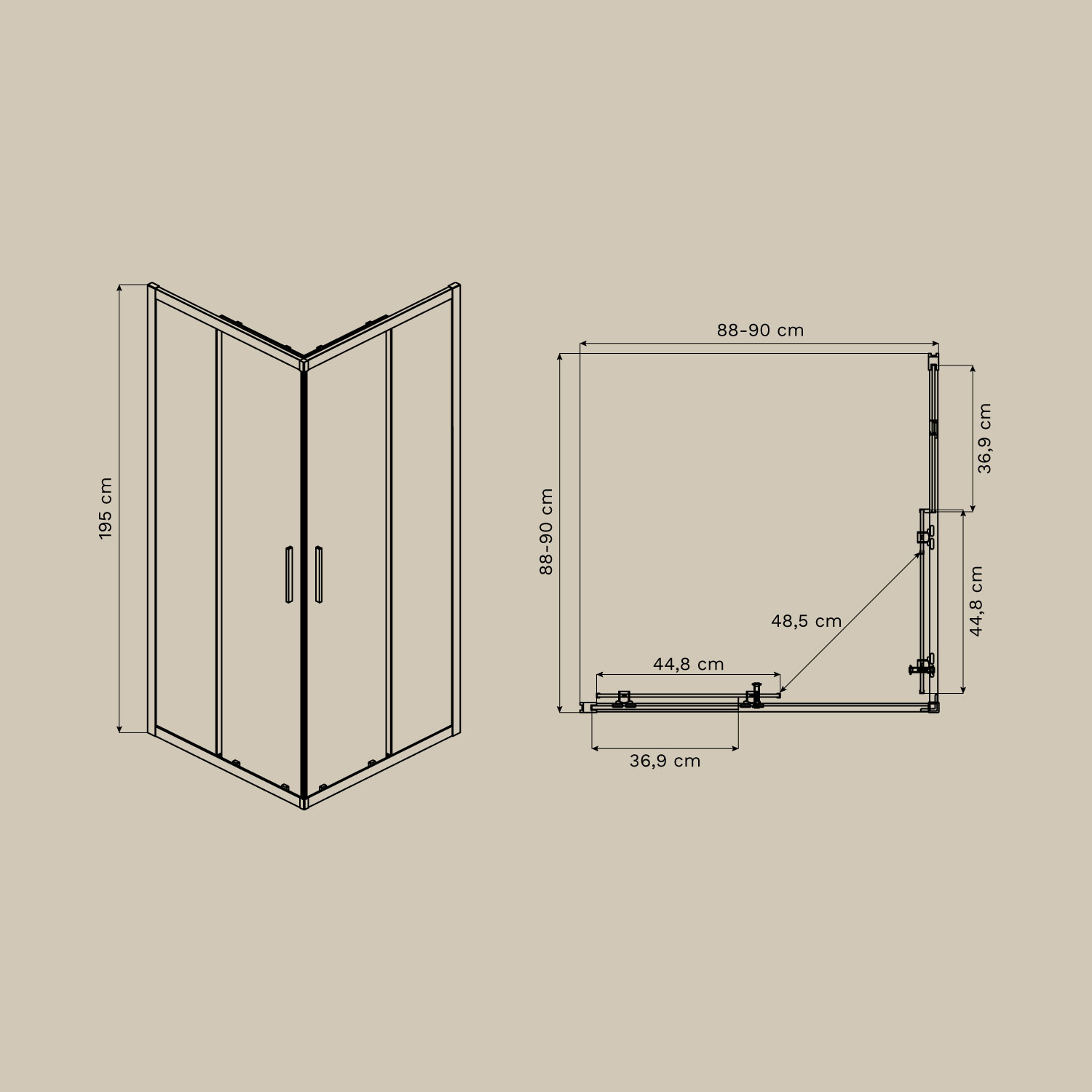 Vierkante douchewand met schuifdeuren met softclose, 6 mm gehard glas en Brent aluminium, AFMETINGEN