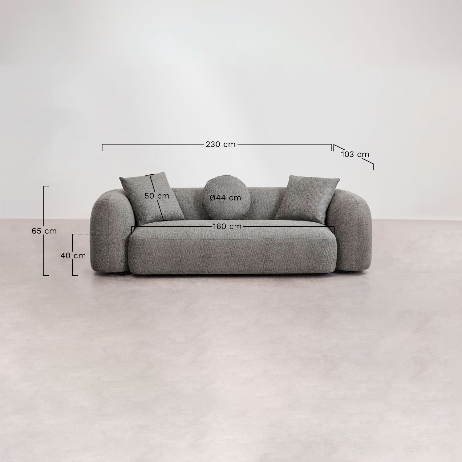 Woonkamerset met 3-zits modulaire bank, 2-zitsbank en fauteuil in Coco chenille, AFMETINGEN