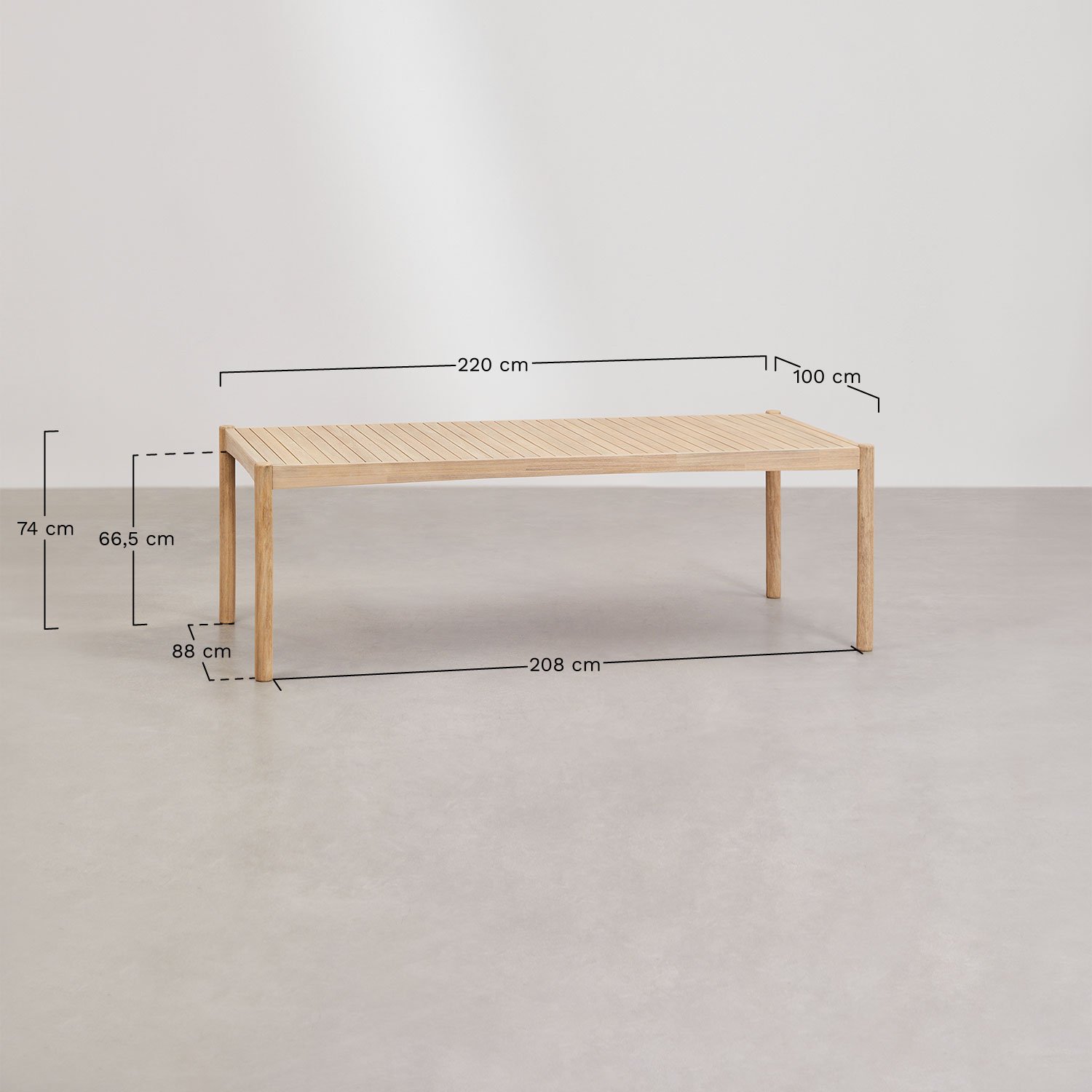 Rechthoekige tafelset 220x100 cm en 2 tuinbanken in Karvia acaciahout, AFMETINGEN