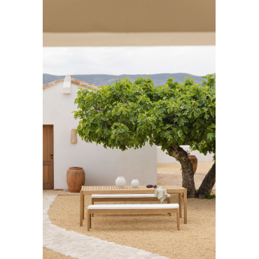Rechthoekige Tafelset 220x100 Cm En 2 Tuinbanken In Karvia Acaciahout Stof Wit - Sklum