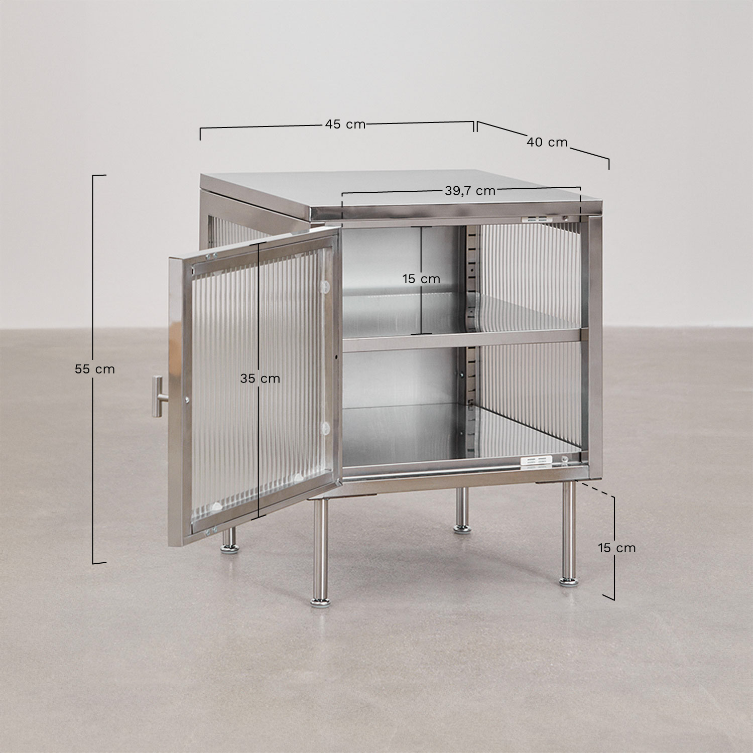 Pack van 2 nachtkastjes van staal en glas Paoline, AFMETINGEN