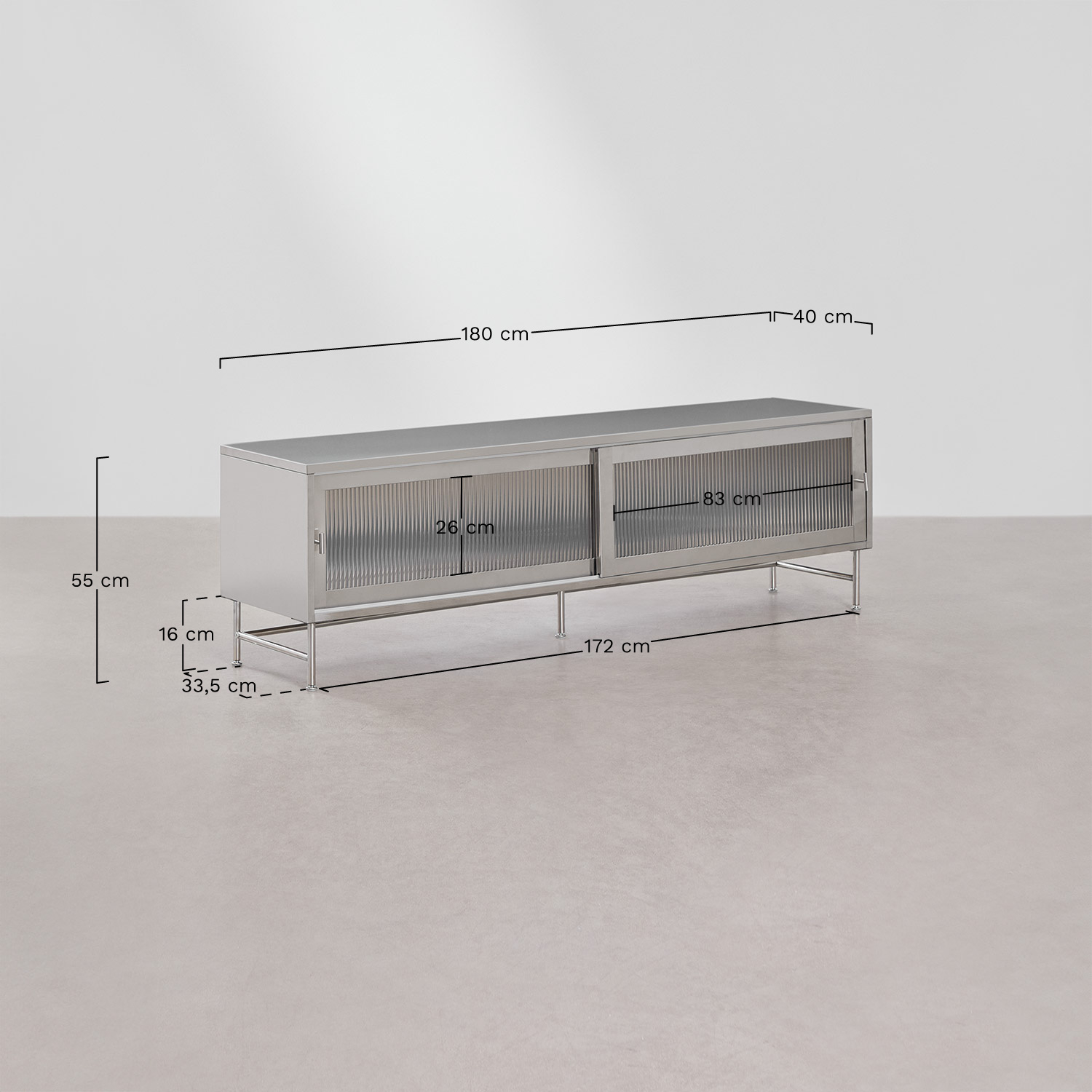 Paoline TV-meubel 180x40 cm in staal en glas, AFMETINGEN