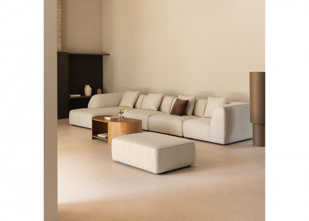 4-delige modulaire chaise longue-bank aan de linkerkant met Cardea gestoffeerde poef