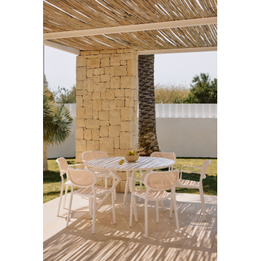 Set Van Ronde Aluminium Tafel (ø126 Cm) Valerie En 6 Tuinstoelen Met Armleuningen Omara Gardenia Wit - Sklum