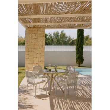 Ronde Tafelset Valerie, 125 Cm Diameter, En 4 Alberta Aluminium Tuinstoelen Met Armleuningen. Bruin - Mokka & Grijs – Koel - Sklum