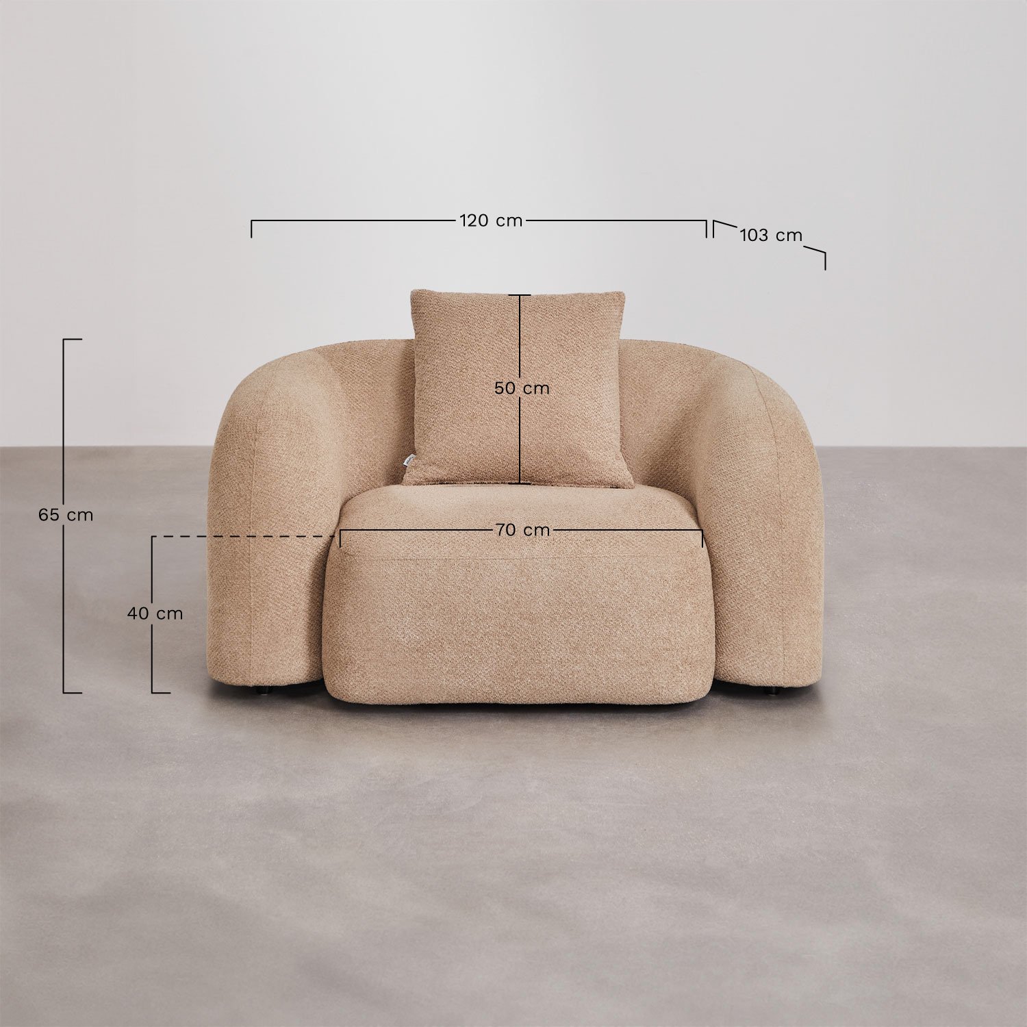 Woonkamer set met 2-delige modulaire bank en fauteuil in Coco chenille, AFMETINGEN