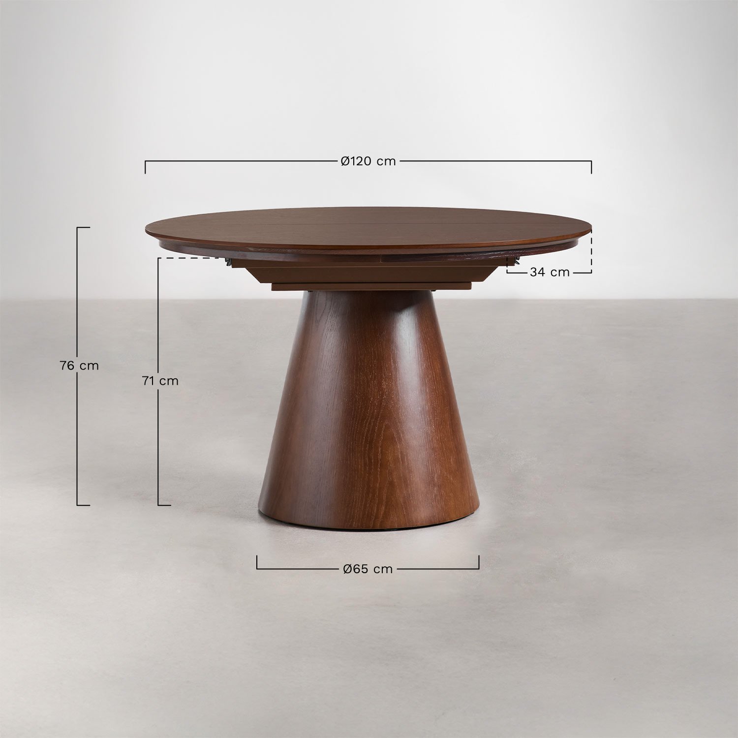 Ronde eettafel 120-160x120 cm uitschuifbaar in MDF en Montana eiken fineer, AFMETINGEN