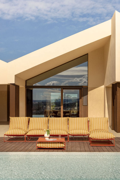 5-delige modulaire loungeset voor de tuin met bijzettafel en omvormbare poef Amaro - Honing Geel - Rood – klei