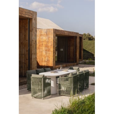 Set Van 220x95 Cm Ovale Tafel In Noemi Cement En 8 Sophie Tuinstoelen Met Aluminium Armleuningen En Gevlochten Touw Leger Groen – Koel - Sklum