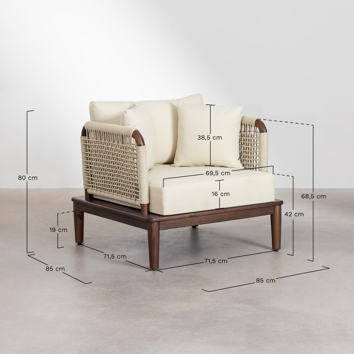 Woonkamer set met 4-delige modulaire hoekbank met poef en fauteuil in acacia Giulia, AFMETINGEN