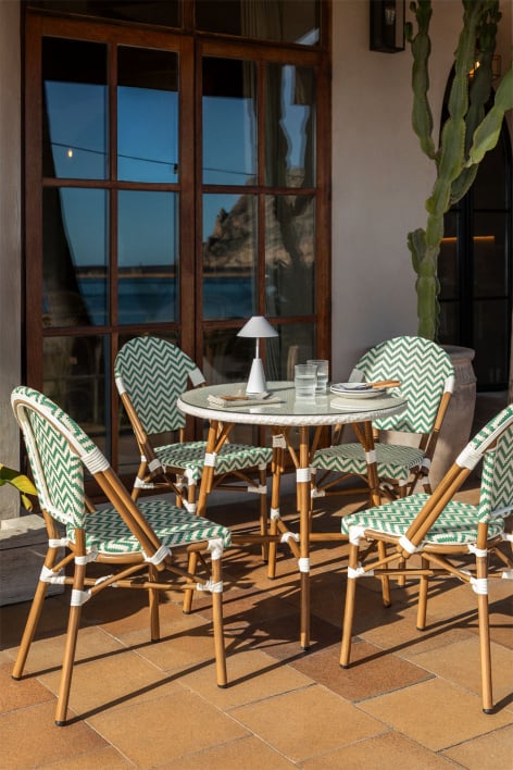 Brielle Bistro ronde tafelset (80 cm diameter) en 4 stapelbare aluminium tuinstoelen