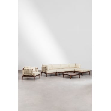 Woonkamer Set Met Modulaire 4-delige Bank Met 2 Hoekfauteuils, Salontafel, Poef En Fauteuil In Acacia Giulia Beige – Crème - Sklum